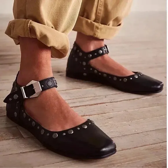 New Free People Mystic Mary Jane Flats Shoes Studded Buckle Sun Butter Yellow