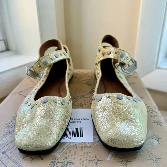 New Free People Mystic Mary Jane Flats Shoes Studded Buckle Sun Butter Yellow
