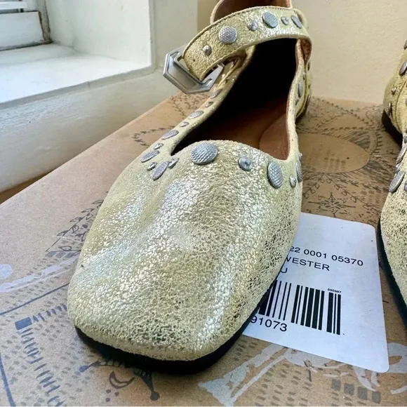 New Free People Mystic Mary Jane Flats Shoes Studded Buckle Sun Butter Yellow
