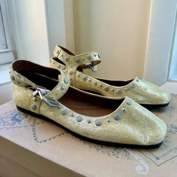 New Free People Mystic Mary Jane Flats Shoes Studded Buckle Sun Butter Yellow
