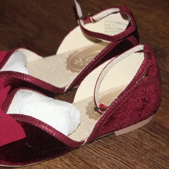 New Girls Joyfolie Cindy Flat in Burgundy Velvet Holiday Open Toe Dress Shoes 11