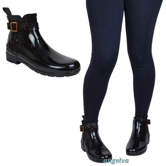 New Hunter refined gloss quilt Chelsea ankle boots black pull on ankle buckle