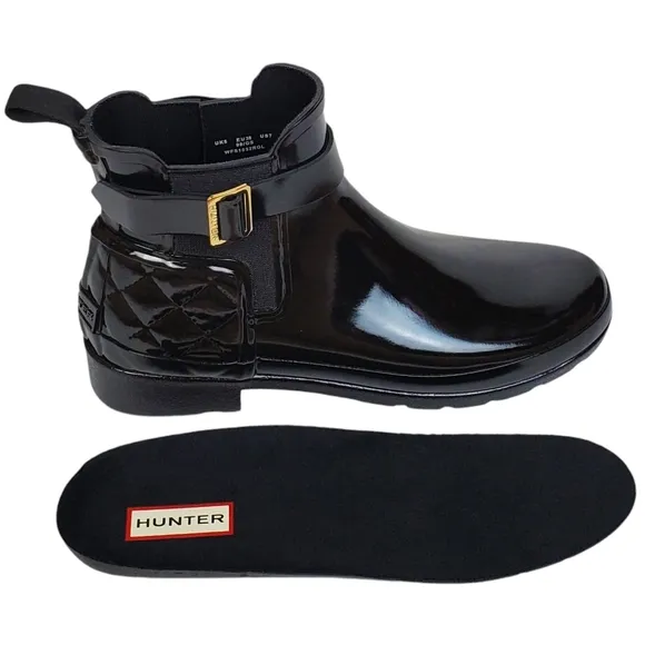 New Hunter refined gloss quilt Chelsea ankle boots black pull on ankle buckle