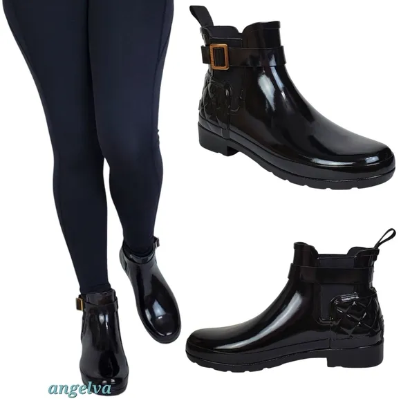 New Hunter refined gloss quilt Chelsea ankle boots black pull on ankle buckle