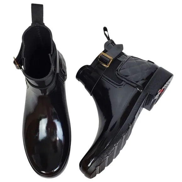 New Hunter refined gloss quilt Chelsea ankle boots black pull on ankle buckle