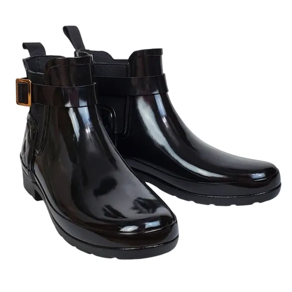 New Hunter refined gloss quilt Chelsea ankle boots black pull on ankle buckle