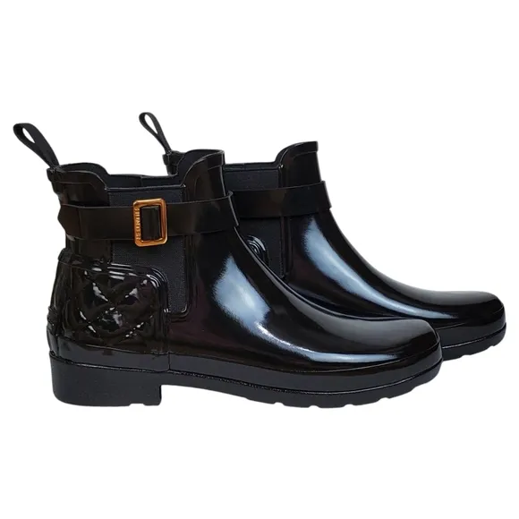 New Hunter refined gloss quilt Chelsea ankle boots black pull on ankle buckle