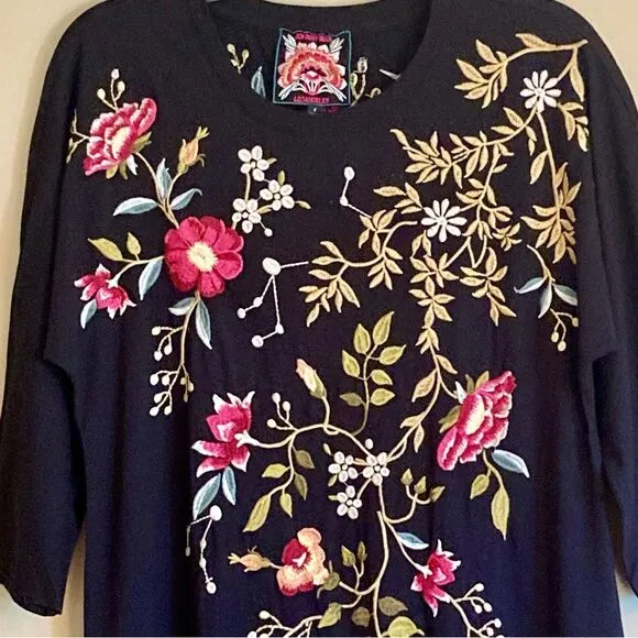 NEW Johnny Was Osaka Dolman Sleeve Knit Dress Floral Embroidered Black Size S/M