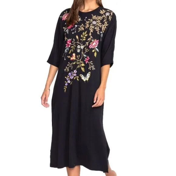 NEW Johnny Was Osaka Dolman Sleeve Knit Dress Floral Embroidered Black Size S/M