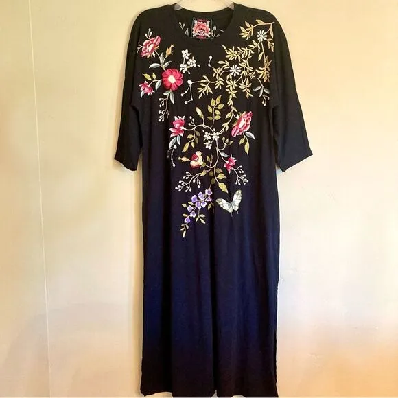 NEW Johnny Was Osaka Dolman Sleeve Knit Dress Floral Embroidered Black Size S/M
