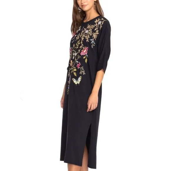 NEW Johnny Was Osaka Dolman Sleeve Knit Dress Floral Embroidered Black Size S/M
