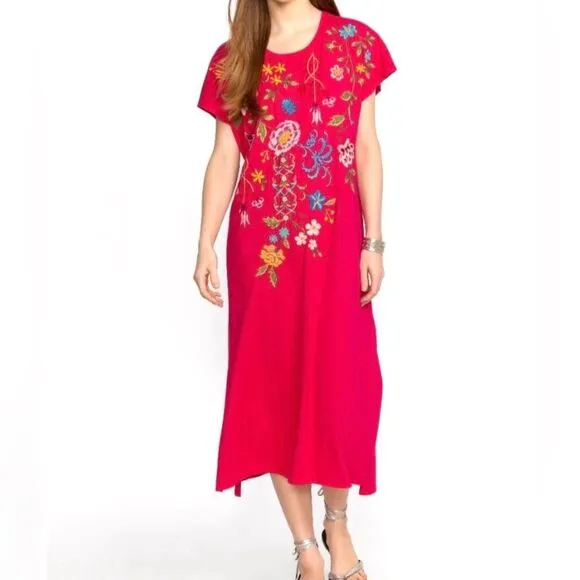 New Johnny Was Sheri Relaxed Knit Dress Floral Embroidered Hot Pink Size XL