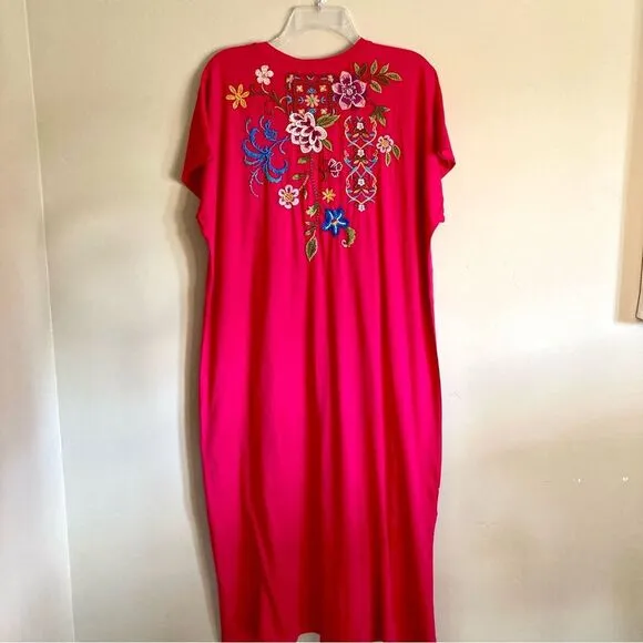 New Johnny Was Sheri Relaxed Knit Dress Floral Embroidered Hot Pink Size XL