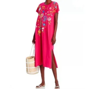 New Johnny Was Sheri Relaxed Knit Dress Floral Embroidered Hot Pink Size XL