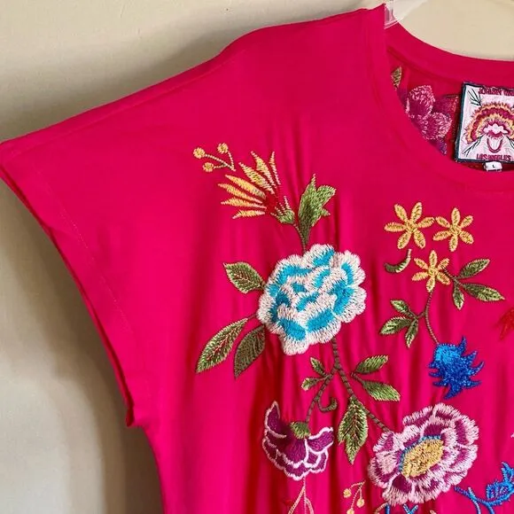New Johnny Was Sheri Relaxed Knit Dress Floral Embroidered Hot Pink Size XL