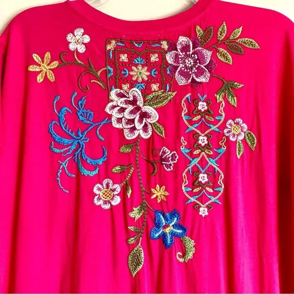 New Johnny Was Sheri Relaxed Knit Dress Floral Embroidered Hot Pink Size XL