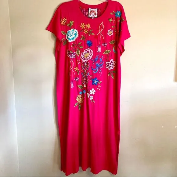 New Johnny Was Sheri Relaxed Knit Dress Floral Embroidered Hot Pink Size XL