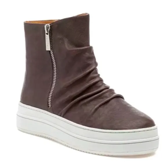 NEW J/SLIDES NYC Tina Leather Ruched Platform Zipper Booties Gray Brown Sze 7