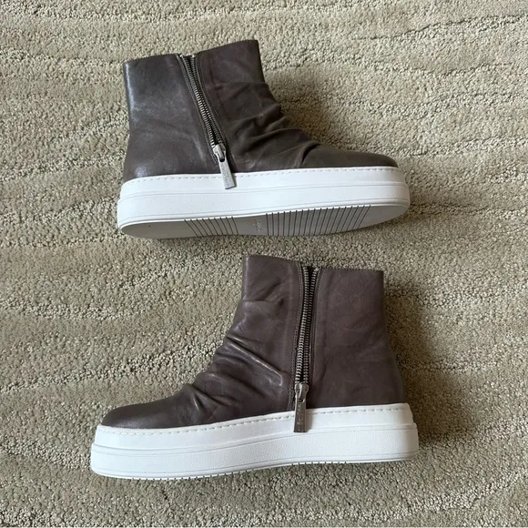 NEW J/SLIDES NYC Tina Leather Ruched Platform Zipper Booties Gray Brown Sze 7