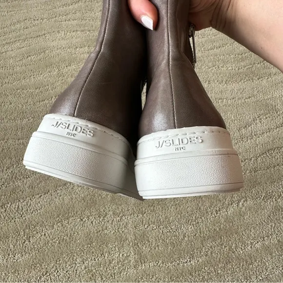 NEW J/SLIDES NYC Tina Leather Ruched Platform Zipper Booties Gray Brown Sze 7