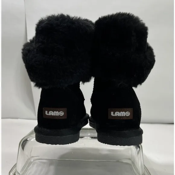 New Lamo Girls Black Suede Boots Faux Fur Cuff Size 2 US Cold Weather Winter