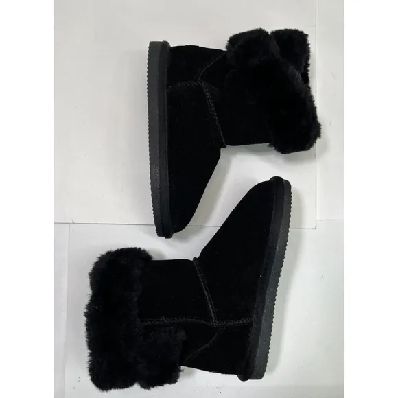 New Lamo Girls Black Suede Boots Faux Fur Cuff Size 2 US Cold Weather Winter