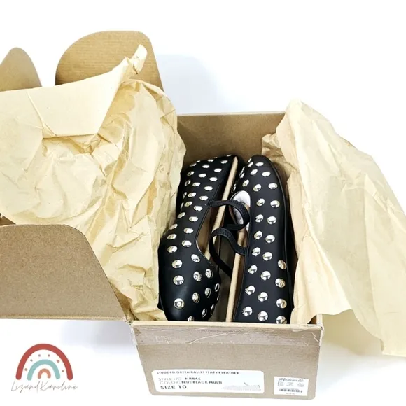 New! Madewell Greta Studded Ballet Black Leather Flats 10