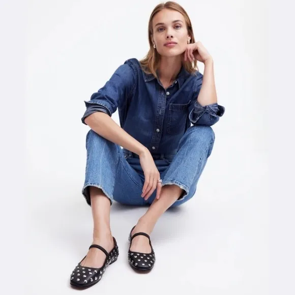 New! Madewell Greta Studded Ballet Black Leather Flats 10