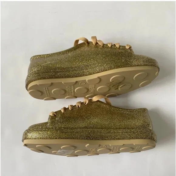 New Mel By Mini Melissa Mel Be gold glitter rubber Fashion Lace sneakers size 3