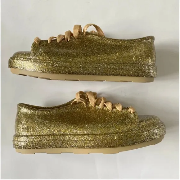 New Mel By Mini Melissa Mel Be gold glitter rubber Fashion Lace sneakers size 3
