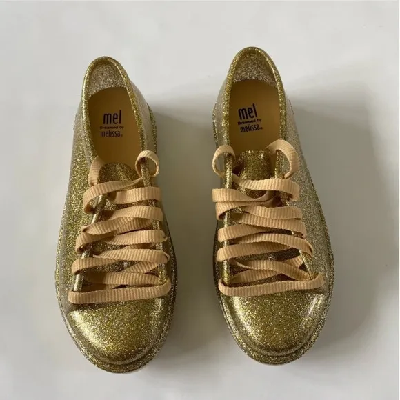 New Mel By Mini Melissa Mel Be gold glitter rubber Fashion Lace sneakers size 3
