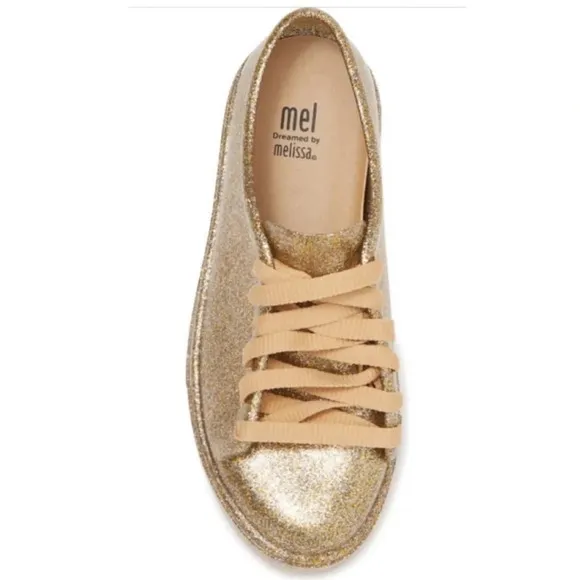 New Mel By Mini Melissa Mel Be gold glitter rubber Fashion Lace sneakers size 3