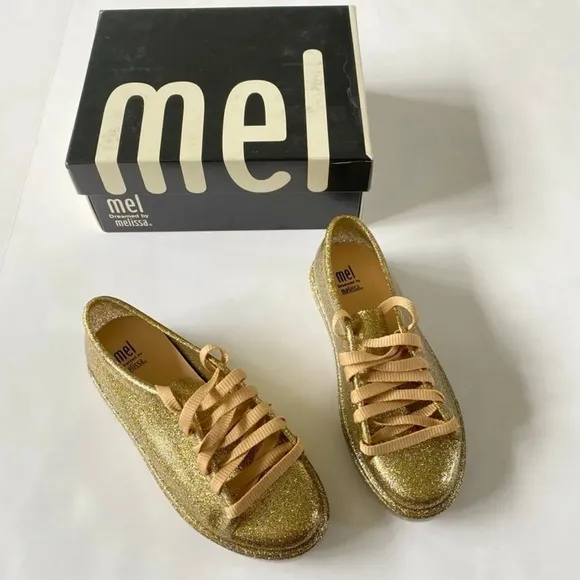 New Mel By Mini Melissa Mel Be gold glitter rubber Fashion Lace sneakers size 3