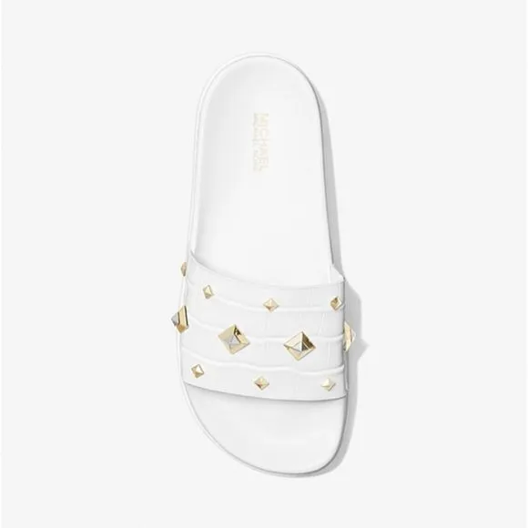 NEW MICHAEL Michael Kors Sizes 8, 9 Tyra Studded Crocodile Embossed Slide Sandal