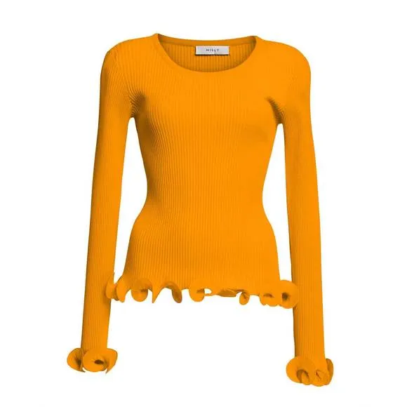 NEW MILLY wired edge ribbed knit pullover sweater in tangerine