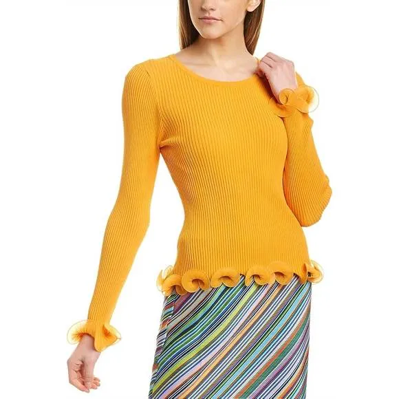 NEW MILLY wired edge ribbed knit pullover sweater in tangerine