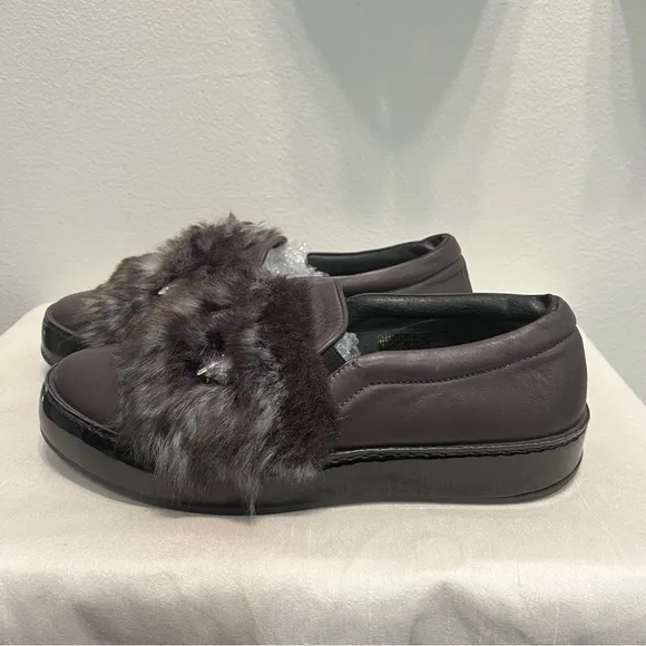 NEW PIAMPIANI  Black Leather Platform Loafers Faux Fur w Gems SIZE 38 Italy Made