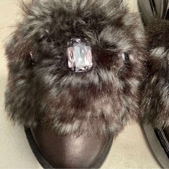 NEW PIAMPIANI  Black Leather Platform Loafers Faux Fur w Gems SIZE 38 Italy Made