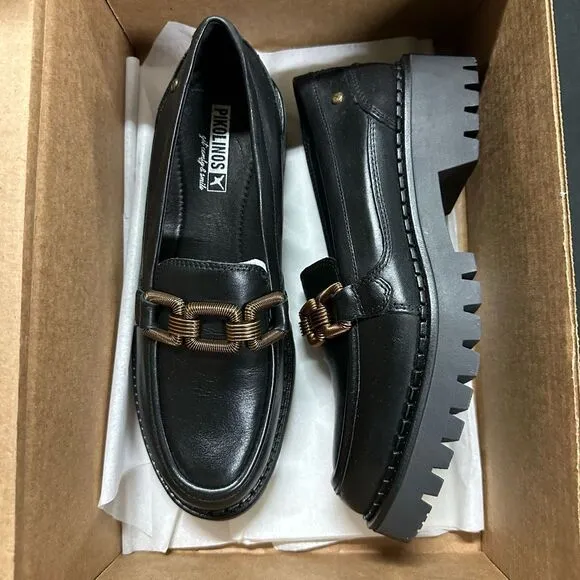 New Pikolinos Aviles Black Chunky Platform Leather Loafers 38 W6P-3742