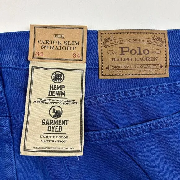 NEW Polo Ralph Lauren Varick Slim Straight Hemp Mens 34x34 Denim Blue Jeans Blue