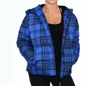 NEW RARE Authentic Juicy Couture Black Label Puffer Ski Coat Blue Tartan Winter