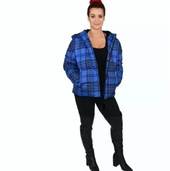 NEW RARE Authentic Juicy Couture Black Label Puffer Ski Coat Blue Tartan Winter