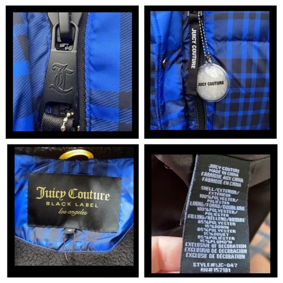 NEW RARE Authentic Juicy Couture Black Label Puffer Ski Coat Blue Tartan Winter