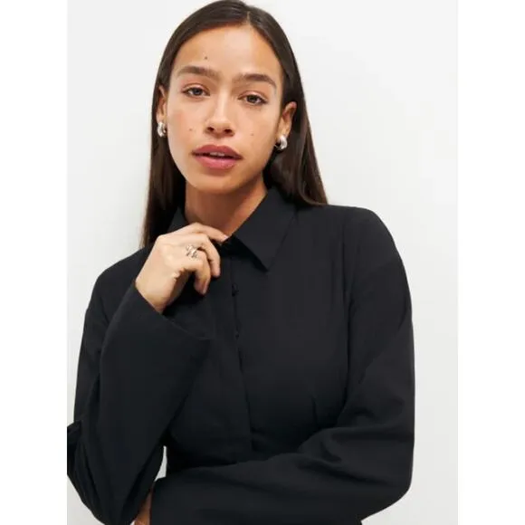 NEW Reformation Rana Dress Mini Button-Down Woven Flared Sleeve Black Size 12