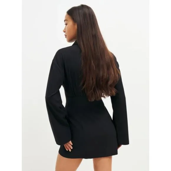 NEW Reformation Rana Dress Mini Button-Down Woven Flared Sleeve Black Size 12