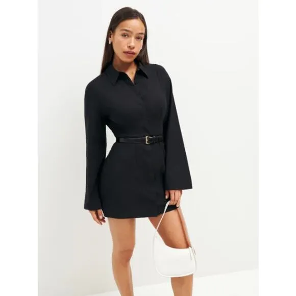 NEW Reformation Rana Dress Mini Button-Down Woven Flared Sleeve Black Size 12