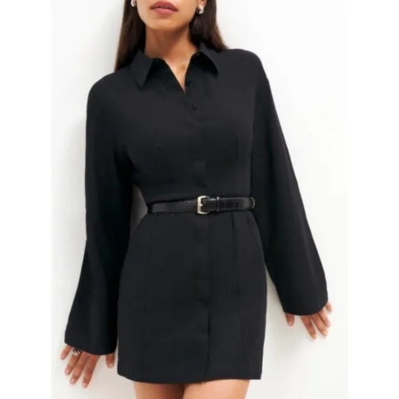 NEW Reformation Rana Dress Mini Button-Down Woven Flared Sleeve Black Size 12