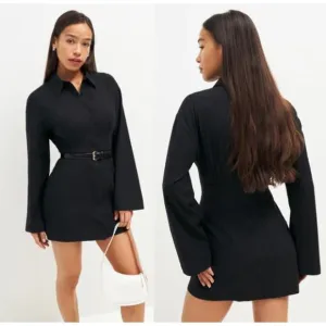NEW Reformation Rana Dress Mini Button-Down Woven Flared Sleeve Black Size 12