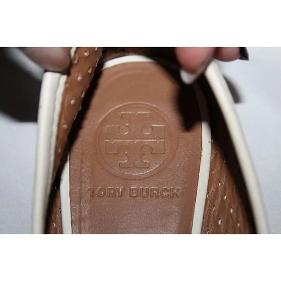 NEW TORY BURCH WOMEN'S LASER CUT MINNIE LEATHER BALLET FLATS IVORY GOLD‎ SZ 7