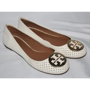 NEW TORY BURCH WOMEN'S LASER CUT MINNIE LEATHER BALLET FLATS IVORY GOLD‎ SZ 7